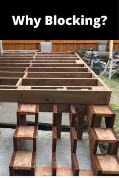 a wooden table sitting on top of a cement floor next to a building with the words why blocking?