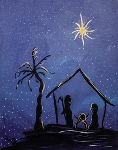 the nativity scene is depicted in an acrylic painting on canvas with stars above it