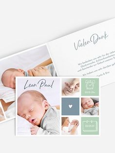 an open photo book with photos and text on the cover, featuring baby's birth pictures