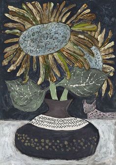 a painting of a sunflower in a vase with two cats sitting on the table