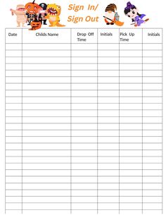 a sign out sheet for children's halloween costumes