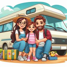 two adults and a child sitting in front of a camper