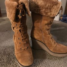 New And Never Worn! Cute, Super Warm And Comfortable. Tan Suede With Fur Trim At Top And Hits A Laces Up In Front, But Has A Zipper On The Inner Side Make Them Easy To Put On And Take Off. Rubber Wedge Sole - 3.5" At The Heel With A 1" Platform In Front. Boot Measures 8.5 Inches From Top Edge Of Heel To Top Of Fur - Hits About Mid-Calf. Warm Winter Boots, Tan Suede, Fur Trim, Shoes Heels Boots, Winter Boots, Mid Calf, Warm Winter, Shoes Women Heels, Heeled Boots