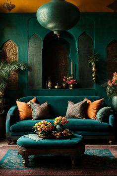 Dive deep into the embrace of this opulent emerald living room, where luxury and comfort unite. The tantalizing teal walls, adorned with intricate golden patterns, frame an enchanting space. Plush velvet seating in deep azure offers a welcoming respite, beckoning you to relax amidst vibrant pillows showcasing rich cultural motifs. The delicate balance of lush greenery intertwines with gleaming brass ornaments, illuminating the area with a soft, golden hue Dark Moroccan Decor, Teal Green Decor, Moroccan Room Ideas, Moroccan Lounge Ideas, Teal Carpet Living Room, Moroccan Boho Living Room, Moody Meditation Room, Moroccan Lounge Room, Opulent Living Room