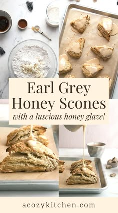 the ingredients for an easy homemade honey scones recipe on a baking sheet with text overlay