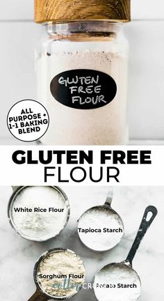 gluten free flour in a glass jar with measuring spoons