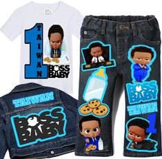 How adorable is this Boss Baby Inspired Denim set?! Perfect for your little ones birthday,photoshoot, or special event! Items are available as a set or separately,choose what you would like from the drop down menu. Please leave name and age needed during checkout! ***PAINT SPLATTER IS NO LONGER AVAILABLE Images can now be added to the front of the jacket at an additional charge, please choose the proper selection from the drop down menu to upgrade* ***PLEASE NOTE THAT DENIM SHADES IN PANTS AND J Boss Baby Birthday Party Boy, Elmo Birthday Outfit, Mickey Mouse Birthday Outfit, Elmo Birthday Party Boy, Baby Boys Outfit, Baby Boy Birthday Outfit, Mickey Mouse Birthday Shirt, Baby Birthday Outfit