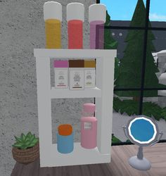 a shelf filled with lots of different items next to a window