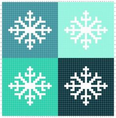 four different snowflakes are shown on the same square tile pattern, one is blue and