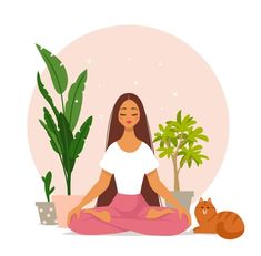 a woman sitting in the middle of a yoga pose with potted plants behind her