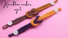 two crocheted bracelets with buttons on them and the words knitter maker next to it