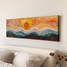 a painting on the wall above a bed