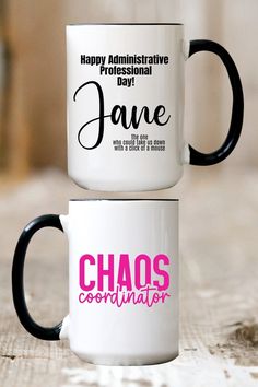 two coffee mugs sitting side by side on a wooden table with the words happy anniversary, professional and jane