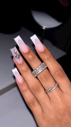 Long Acrylic Nails With Cross Design, Short Acrylic Nails With Cross, Medium Length Nails Acrylic Square French Tip, Medium Size Nails Acrylic, Cross Nails Acrylic, Pink Evil Eye Nails, French Tip With Charms, Nails Acrylic Medium, Acrylic Nails With Charms