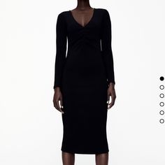 New With Tag Black Ruched Long Sleeve Midi Dress, Black Long Sleeve Ruched Midi Dress, Black Ruched Dress For Work, Black Ruched Midi Dress For Work, Black Ruched V-neck Midi Dress, Elegant Zara V-neck Bodycon Dress, Black Ruched Bodycon Dress For Work, Zara Black Long Sleeve Midi Dress, Zara Black Long Sleeve Bodycon Dress