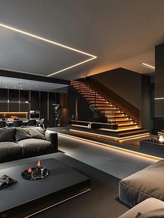 a living room filled with lots of furniture next to a fire place in front of a stair case