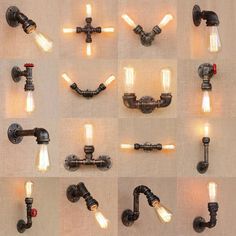 several different types of pipes and valves with lights on the sides, all connected to each other