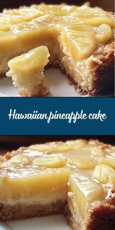 two pictures of a pineapple cake on a plate with one slice cut out and the other half eaten