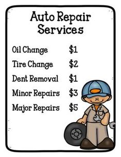 an auto repair sign with the words oil change, tire change and $ 1 / 2