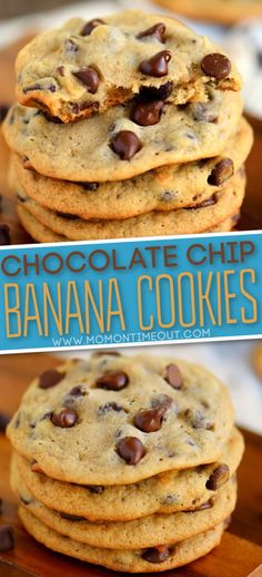 chocolate chip banana cookies are stacked on top of each other with the title above them