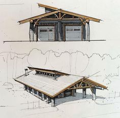 two drawings of a building with garages and windows on each side, one showing the roof