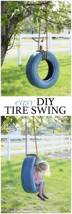 a child swinging on a tire swing in the grass with text overlay that reads easy diy tire swing