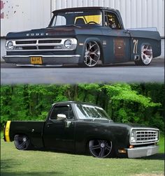 an old black truck parked in front of a building and another photo of the same truck