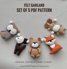 four stuffed animals hanging from strings on a white background with text that reads felt garland set of 5 pdf pattern