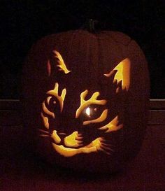 a carved pumpkin with a cat's face on it