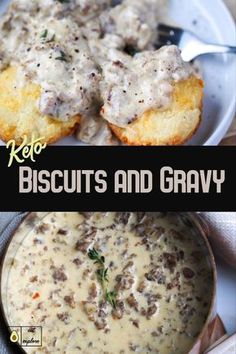 two pictures of biscuits and gravy on a white plate with silverware next to it