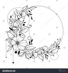 the moon with flowers and leaves on it is drawn by hand in black and white