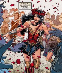 a comic book cover with a woman dressed as wondergirl surrounded by other women and men