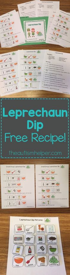 the leprechaum dip recipe is shown on top of a wooden table with papers