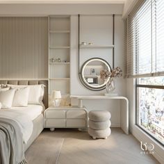 a bedroom with a bed, dresser and mirror on the wall next to it's windows