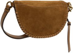 Suede shoulder bag in tan. · Adjustable and semi-detachable shoulder strap · Logo embossed at face · Patch pocket at back face · Whipstitching at base · Zip closure · Card slot at interior · Microfiber lining · H6.25 x W9.5 x D3.5 Supplier color: Cognac Brown Top Handle Saddle Bag With Leather Trim, Brown Saddle Bag With Removable Pouch For Work, Brown Saddle Shoulder Bag For Work, Face Patches, Suede Bag, Leather Sling Bag, Shoulder Strap Bag, Suede Belt, Leather Belt Bag