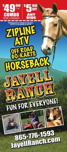 an advertisement for a horse back event with horses and people on the grass, in front of