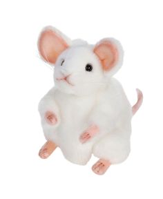 a white stuffed mouse sitting on its hind legs