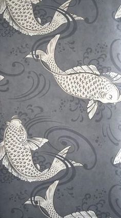 a wallpaper with fish on it in grey and white colors, as well as an ornamental design