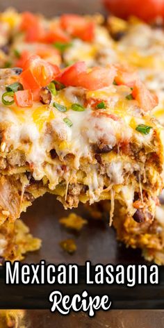 mexican lasagna recipe on a baking sheet with the title overlaying it