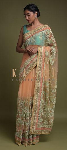 Buy Online from the link below. We ship worldwide (Free Shipping over US$100)  Click Anywhere to Tag Shrimp Peach Saree In Net With Green Thread Embroidered Floral Pattern Online - Kalki Fashion Shrimp peach saree in net adorned with a green border with zardozi and sequins embroidery in floral pattern.Further enhanced with thread and sequins embroidered floral pattern and buttis Indian Bride Makeup, Kalki Fashion, Green Thread, Green Border, Wedding Sarees, Bridal Sarees, Online Pattern, Bride Makeup