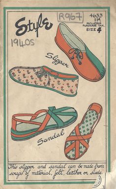 ~ Circa/Date: 1940s ~ Details:  RARE PATTERN FOR SLIPPER and SANDAL.  Can be made in Felt, Leather, Suede, Velor, Brocade, heavy Silks and Cottons. ~ Size/Measurements (Inches):   4 (37) ~ Please Note: ~ You are buying a 'Professional Reproduced' copy of this sewing pattern. Copied from the original sewing pattern. Produced in Full Scale Pattern Pieces ready to cut with full instructions included. Reproduced on high quality 50 gm paper with black ink, durable and easier for reuse. Printed by a Professional Printing Company.   ~ With this product comes an accompanying 'Booklet' and inside the Booklet it includes: ~ A 2-page Instructions and Illustrations on 'How to Adjust Your pattern to your Personal Measurement.' ~ Personal Measurement Chart ~ Body Form Illustrations ~ Fitting Checklist ~ 1940 Patterns, 40s Shoes, 40's Fashion, 40's Style, 1940s Shoes, Dressmaking Patterns, Vintage Vogue Sewing Patterns, Fashion 1940s, Sew In Weave