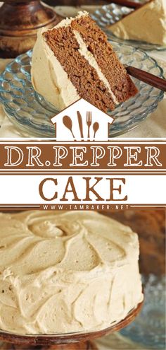 two pictures of a cake with frosting on top and the words dr pepper cake above it