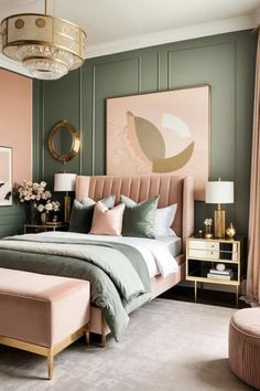 a bedroom decorated in pink, green and gold with a large painting on the wall