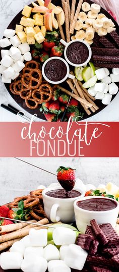 chocolate fondue is served on a platter with marshmallows and pretzels