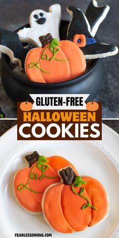 halloween cookies decorated with orange icing and sprinkles on a white plate