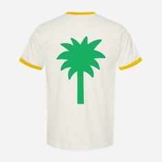 Embrace the beach vibes with our 100% cotton Palm Tree Ringer Tee! Featuring a vibrant green palm tree perfect for capturing the essence of laid-back island living. Product Details 100% Ring-Spun Cotton Natural and Yellow Made with Love Size + Fit Unisex Fits true to size Female model in the studio is 5'6 and wearing size S Female model on the beach is 5'6 and wearing size M Male model is 5'10 and wearing size L Summer Cotton T-shirt With Palm Tree Print, Cotton Crew Neck Top With Palm Tree Print, Casual Yellow Tops For Poolside, Relaxed Cotton Top With Palm Tree Print, Cotton Tops With Palm Tree Print For Vacation, Beachy Cotton Tops For Poolside, Cotton Tropical Tops For Beach Season, Cotton Top With Palm Tree Print For Vacation, Cotton Beachy Tops For Poolside