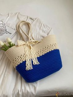 BirdinBag - 2023 Fashionable Womens Woven Summer Beach Tote Bag | Spacious, Pendant-free Shoulder Bag for Travel Blue Handheld Shoulder Bag, Blue Casual Satchel For Summer, Summer Blue Crochet Shopping Bag, Blue Rectangular Bucket Bag For Spring, Blue Satchel Canvas Bag For Summer, Trendy Large Capacity Blue Crochet Bag, Chic Blue Canvas Bag With Large Capacity, Blue Handheld Bags For Vacation, Chic Large Capacity Blue Canvas Bag