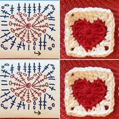 three pictures showing how to crochet a heart in two different squares with the same stitch