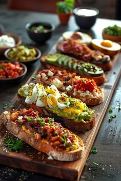 breads with different toppings are lined up on a wooden board, ready to be eaten