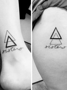 two tattoos that say sisters and one has the same design on their legs, both with letters